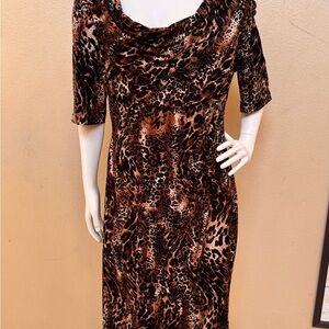 connected apparel Brown Leopard-Print Cowl Neck Midi Dress
